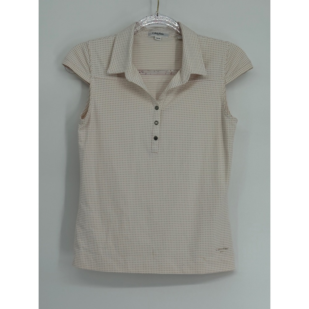 Calvin Klein Golf Womens White Pink Micro Dot Cap Sleeve Polo Shirt Top Sz XS